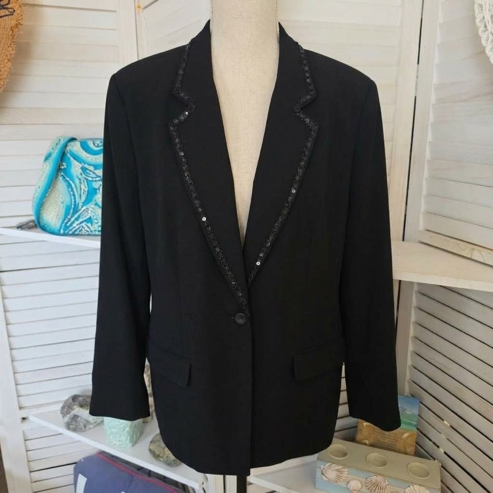 Villager Liz Claiborne Black Sequin Trim Blazer Jacket Evening Career Size 16W